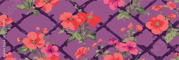 Obraz 보라색 배경에 붉은색과 분홍색 꽃이 덩굴처럼 얽힌 아름다운 패턴 디자인