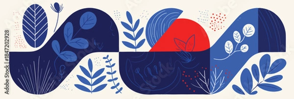 Obraz 푸른 식물과 붉은 태양이 어우러진 추상적인 패턴 디자인