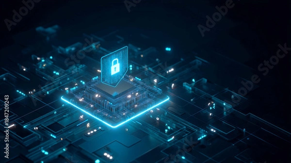 Fototapeta デジタル回路基板上に浮かぶ青く光る南京錠と盾
