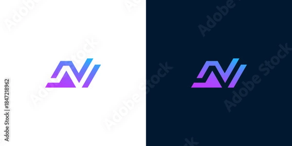 Fototapeta Modern abstract letter N logo with a vibrant purple and blue gradient, symbolizing innovation, growth, and technology, showcased on light and dark backgrounds