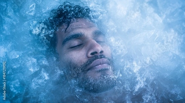 Fototapeta Close-up of a man submerged in ice. His face is illuminated, eyes closed, surrounded by glistening frozen water. Atmospheric and tranquil scene
