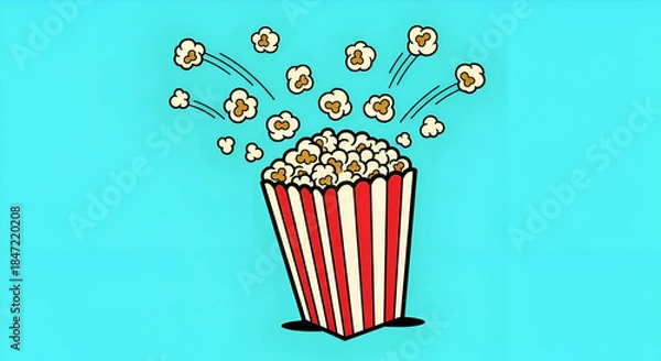 Fototapeta Popcorn Exploding from Striped Box on Vibrant Blue Background.