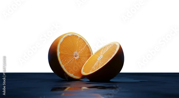 Fototapeta Freshly Sliced Orange Halves on a Reflective Dark Surface.
