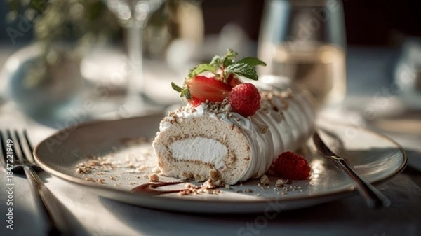 Obraz Exquisite swiss roll with berries and lemons. Artificial intelligence image