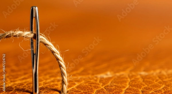 Obraz 飴色のレザーに麻紐を通す針とコピースペース レザークラフトの瞬間