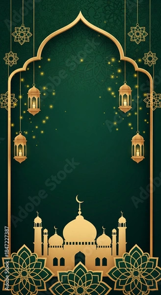 Fototapeta Elegant green and gold Islamic background with mosque silhouette, lanterns, and decorative patterns, perfect for Ramadan or Eid greetings.