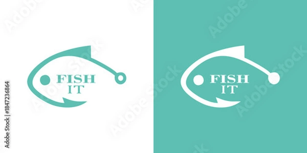 Fototapeta Modern fishing logo designs with fish hook and FISH IT text inside design logo.