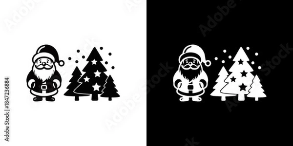 Fototapeta Santa Claus standing beside Christmas trees in snowy scene