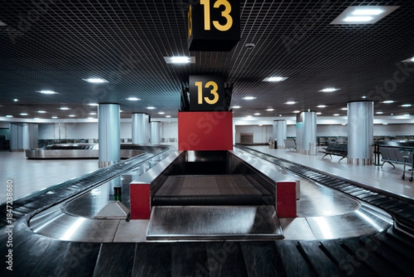 Obraz Low-key interior of empty airport baggage claim hall with luggage carousel, dramatic lighting, symmetry and perspective, conveyor belt and numbered sign, modern transport terminal atmosphere
