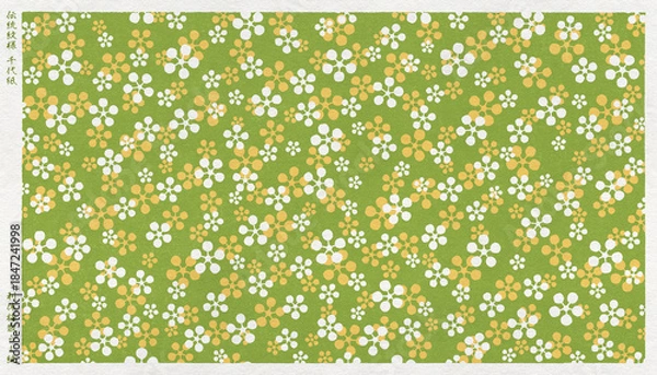 Fototapeta 日本の伝統「利休梅紋」を版画風に描いた、和紙の千代紙