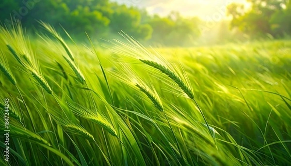 Obraz Green grass sways in sunlight