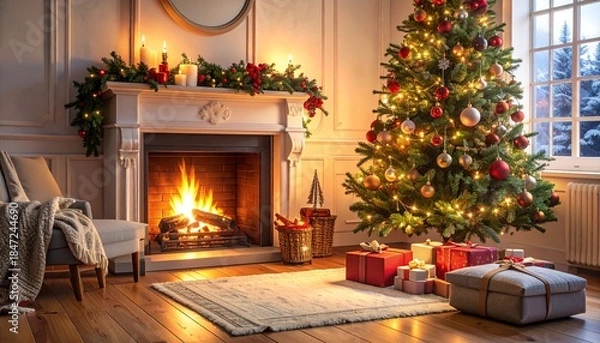 Obraz Cozy Christmas living room with a decorated Christmas tree, glowing fireplace, and holiday gifts
