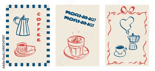 Fototapeta Whimsical cafe doodles featuring coffee cups and breakfast items. Sketch style icons including latte, espresso and cappuccino. Ideal for menu design, branding or retro posters. Vector illustration
