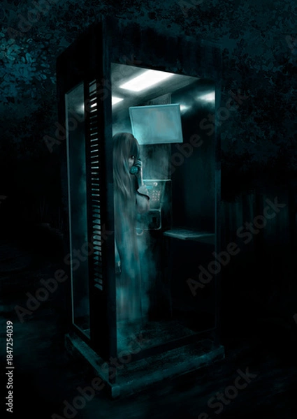 Obraz 薄暗い心霊スポットの不気味な電話ボックスの中の女の子の幽霊