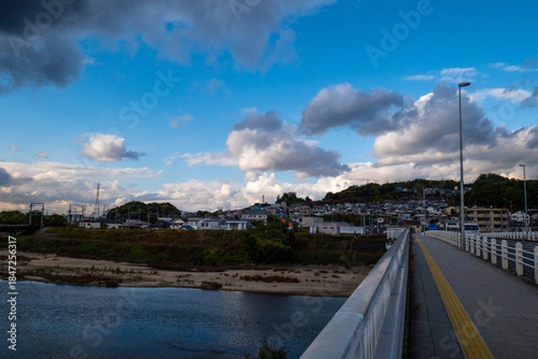Obraz 大阪、高井田、Osaka Metro中央線、JRおおさか東線、交通、鉄道、青空、雲、川、橋、林木、水