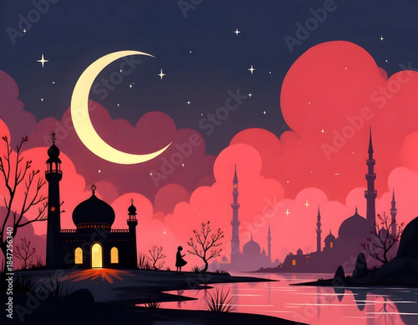 Obraz Small mosque with crescent moon background with Eid mubarak concept