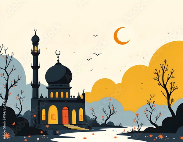 Obraz Small mosque with crescent moon background with Eid mubarak concept