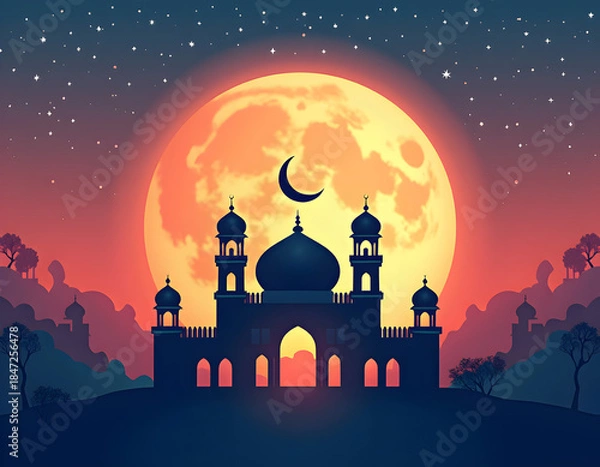 Obraz Small mosque with crescent moon background with Eid mubarak concept