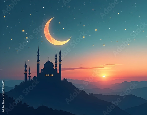 Obraz Small mosque with crescent moon background with Eid mubarak concept