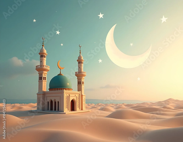 Obraz Small mosque with crescent moon background with Eid mubarak concept
