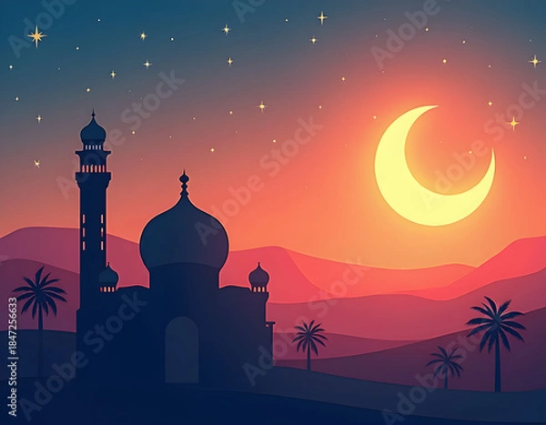 Obraz Small mosque with crescent moon background with Eid mubarak concept