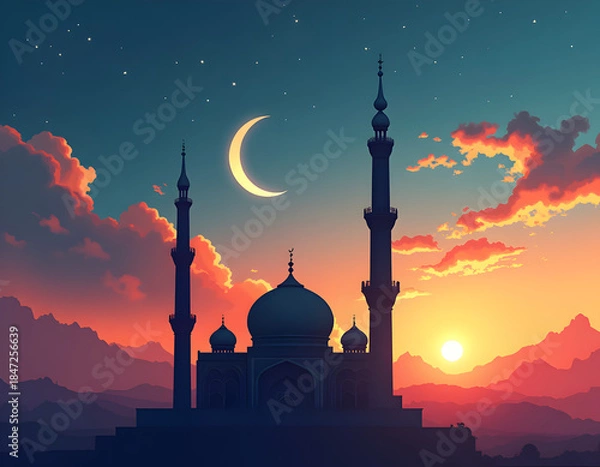 Obraz Small mosque with crescent moon background with Eid mubarak concept