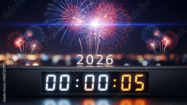 Obraz New year countdown with fireworks display approaching midnight in 2026