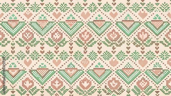 Fototapeta nordic fair isle seamless pattern featuring pixel-style coffee cups vector background 