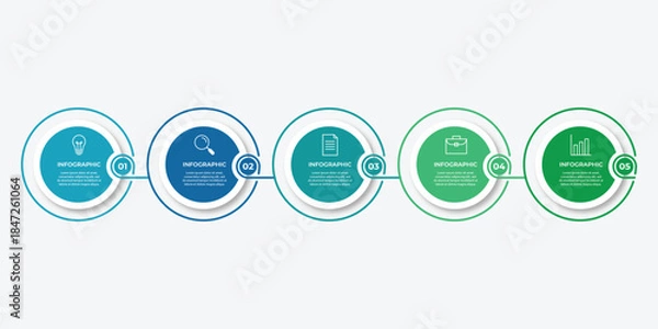 Obraz Vector circle flowchart label design for business process. Timeline connected with 5 steps or options.