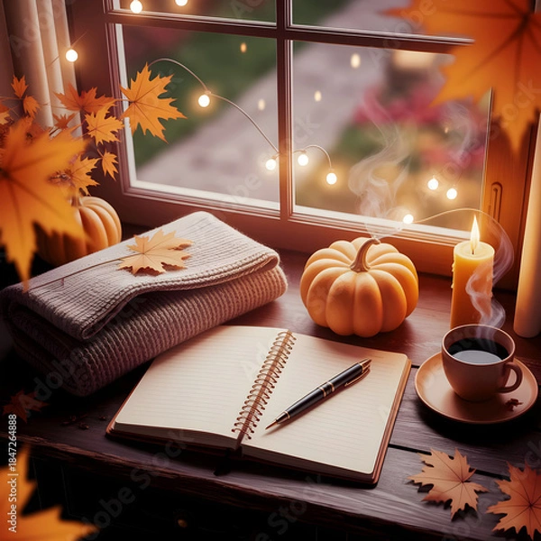 Obraz Cozy autumn setup with notepad, coffee, and candle