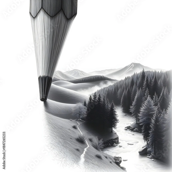 Obraz Pencil transforms into serene winter landscape scene