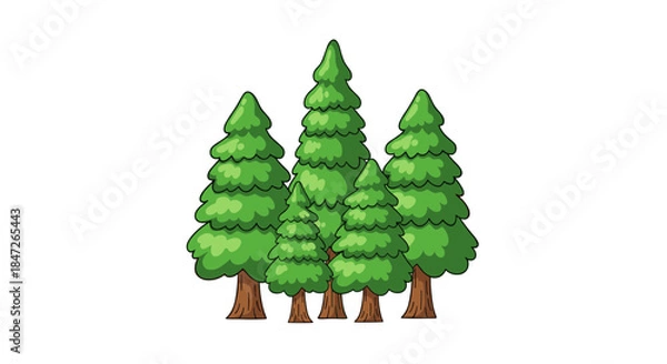 Obraz Group of Cartoon Coniferous Pine Trees Vector Illustration