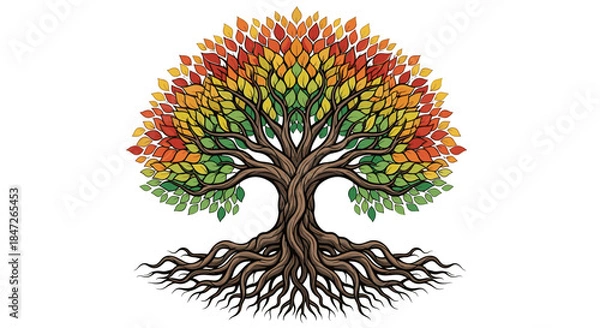 Obraz Vibrant Rainbow Tree of Life with Roots and Colorful Leaves Vector Illustration