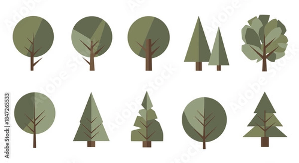 Obraz Stylized Flat Design Tree Vector Set - Diverse Green Deciduous and Coniferous Trees