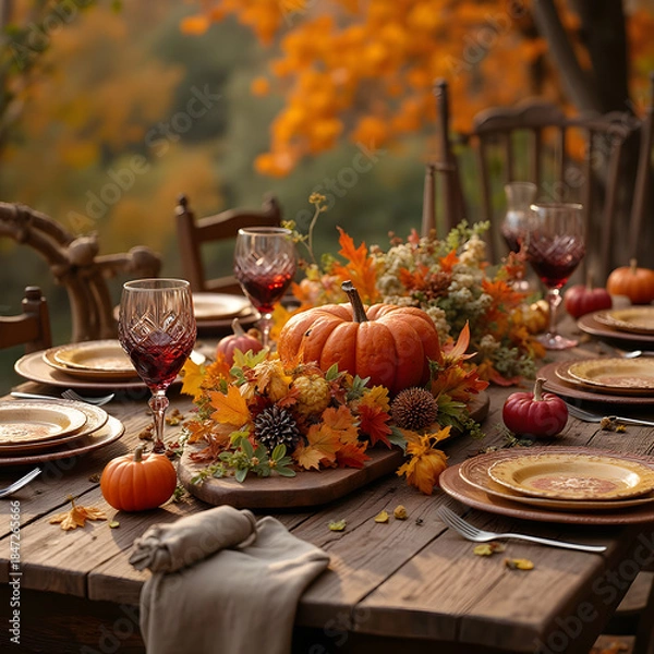 Obraz Rustic autumn dining table with vibrant fall centerpiece, Thanksgiving theme