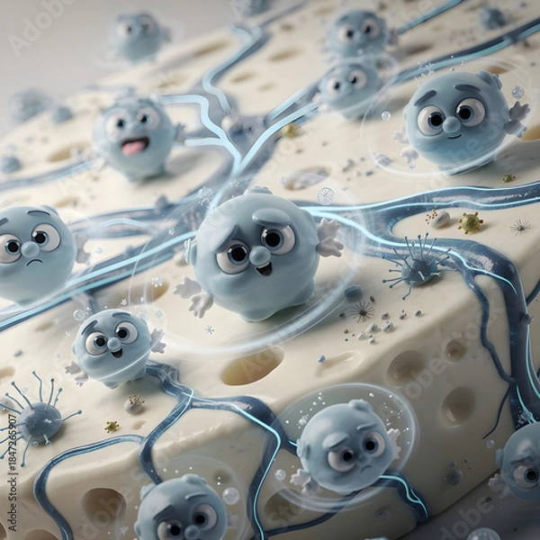 Obraz Cute germs invade a creamy cheese block