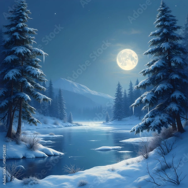 Obraz Mystical winter night under the bright full moon