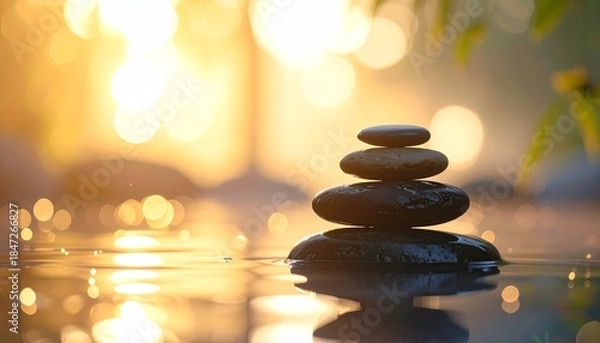 Obraz Stacked zen stones in calm water with golden sunrise bokeh background, reflecting peaceful tranquility