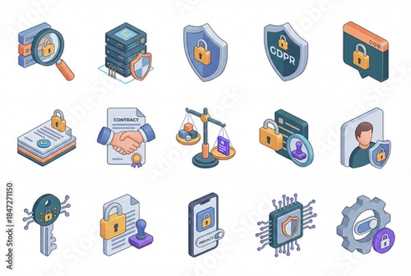Fototapeta General Data Protection Regulation isometric 3d icon collection isolated on white background. Data privacy and document security including shield, server, mobile and agreement
