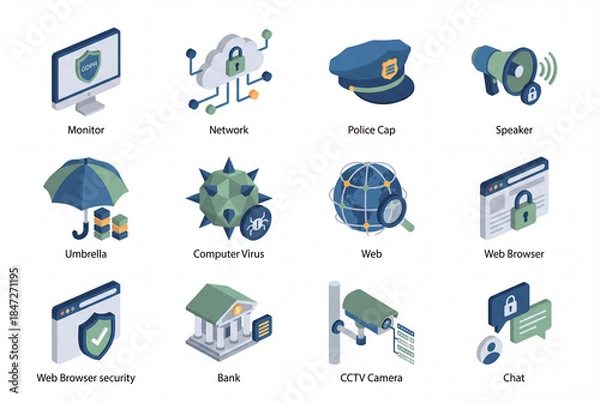 Fototapeta General Data Protection Regulation isometric 3d icon collection isolated on white background. Digital privacy and web security including monitor, cctv, browser and network