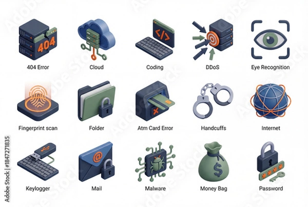 Fototapeta Cyber security and hacker threat isometric 3d icon collection isolated on white background. Digital crime icons including fingerprint scan, money bag, malware and ddos attack