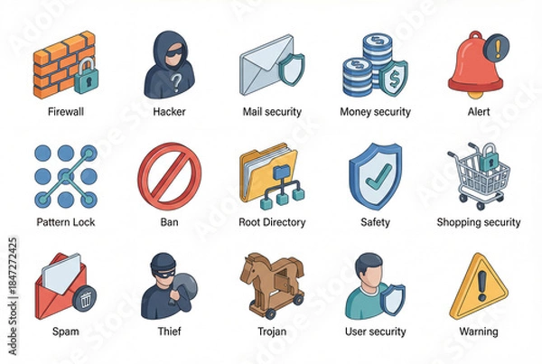 Fototapeta Internet security and cyber safety isometric 3d icon collection isolated on white background. Digital protection gear including firewall, hacker, mail security and warning sign
