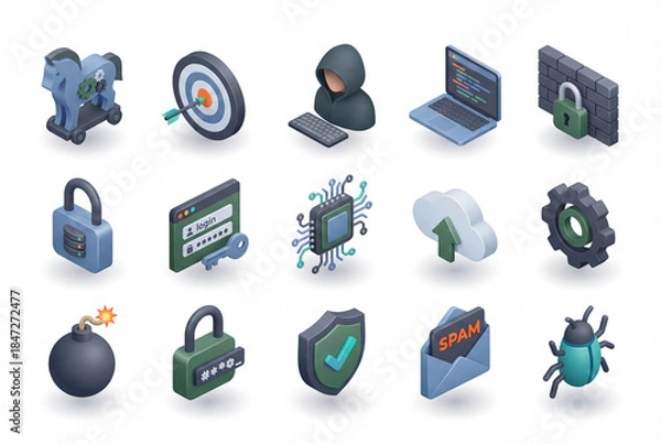 Fototapeta Cyber security and hacker activity isometric 3d icon collection isolated on white background. Digital protection and threats including firewall, hacker, shield and laptop