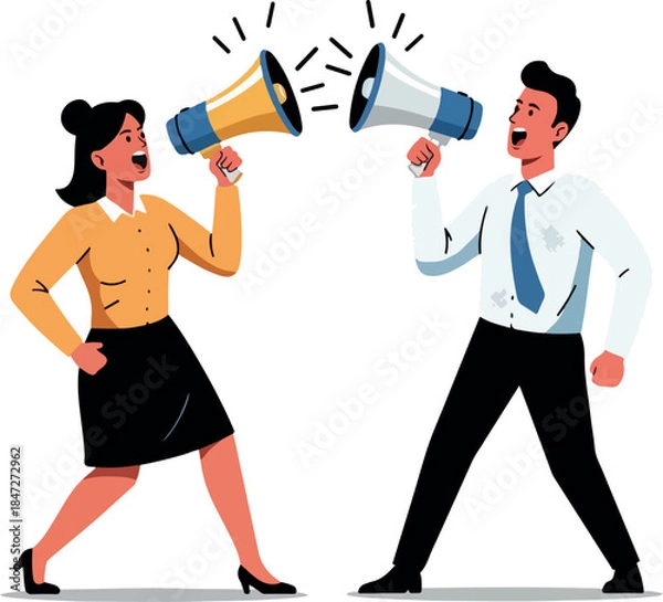 Obraz Business People Arguing Megaphones Isolated Flat White Background