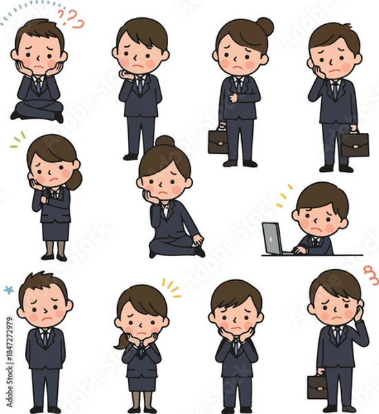 Fototapeta Business People Pondering in Suits Diverse Poses White Background