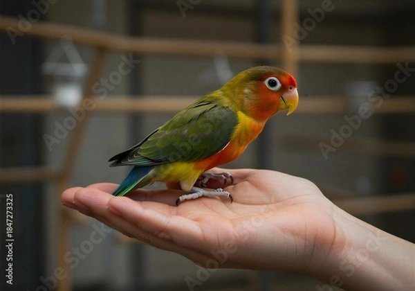 Obraz 사람 손 위에 앉아 있는 모란앵무새 교감 장면