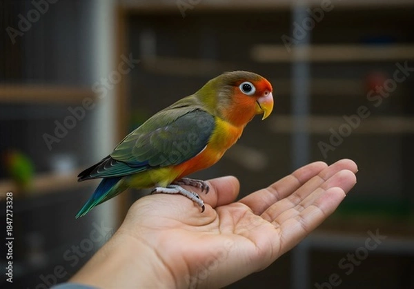 Obraz 사람 손 위에 앉아 있는 모란앵무새 교감 장면