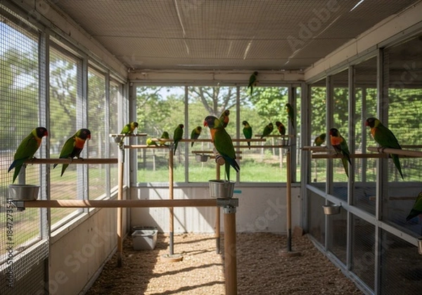 Fototapeta 자연 채광 속 앵무새 사육장과 모란앵무새 모습