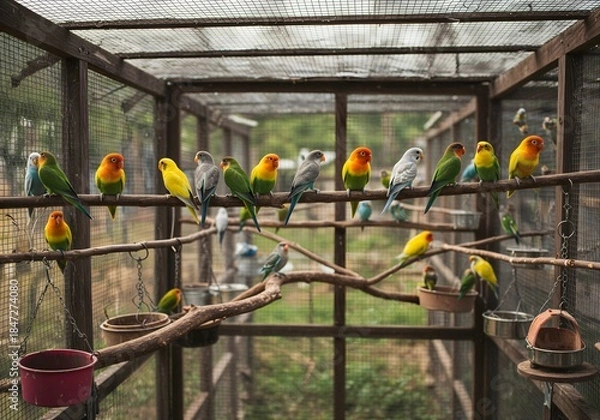 Obraz 깨끗한 앵무새 사육장에서 쉬고 있는 모란앵무새들