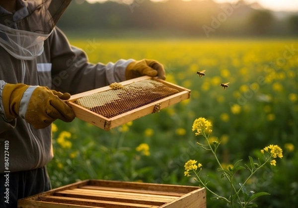 Obraz 노을빛 들판에서 벌집을 관리하는 양봉 작업 실사 이미지